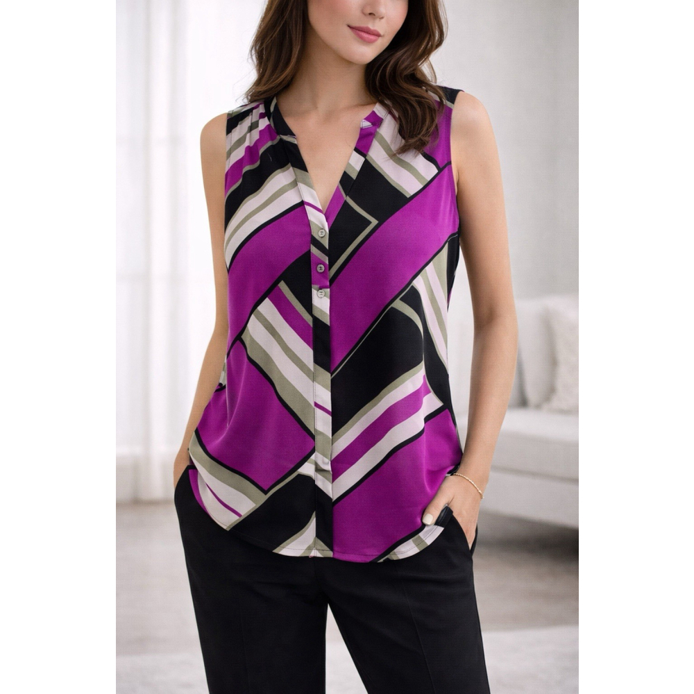 Banana Republic Sleeveless Blouse Geometric Stripe Purple Black Size 10